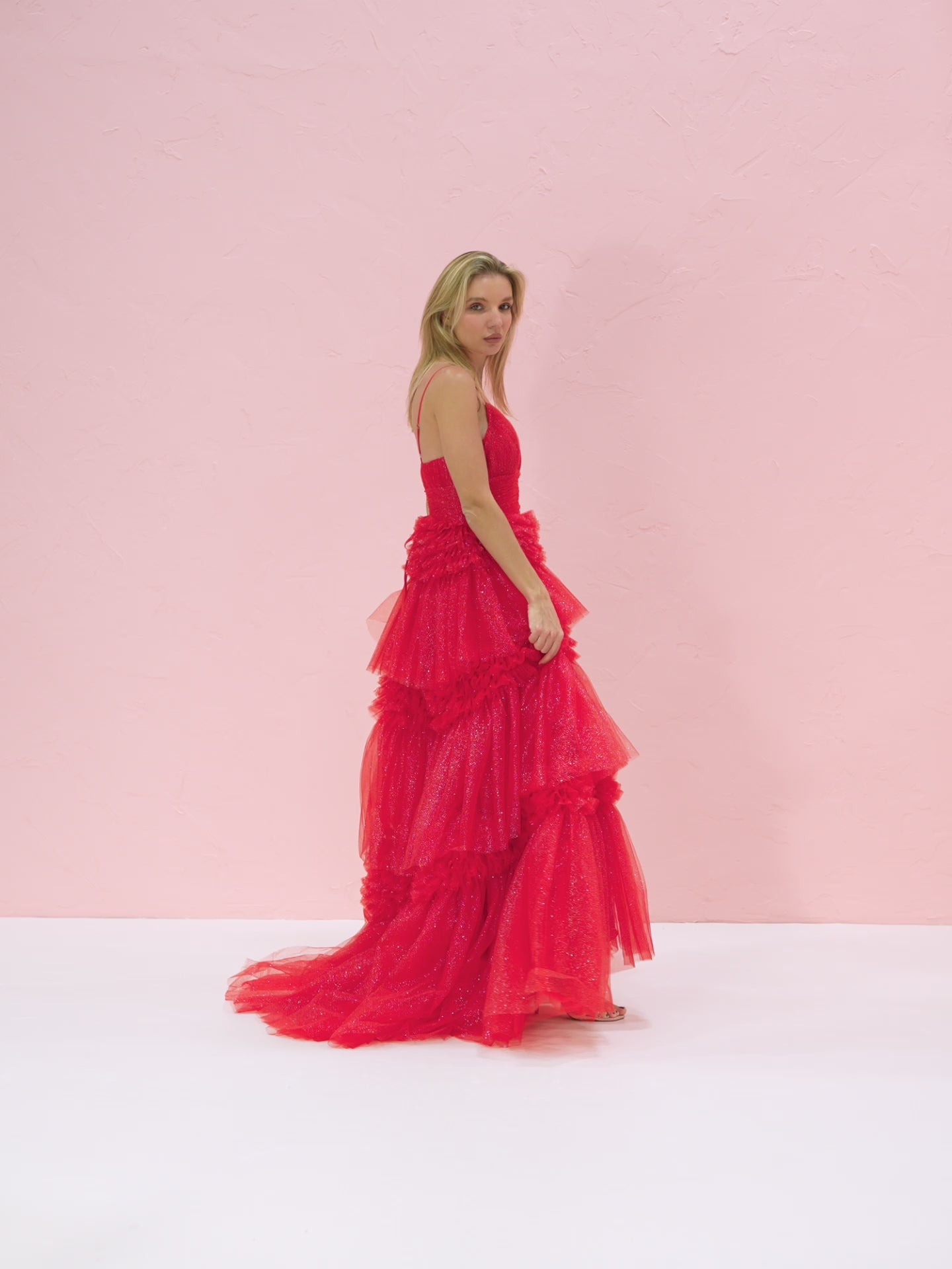 Tulle Deep V Neck Spaghetti Straps Long Prom Dress