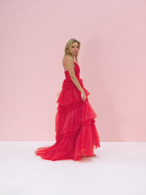 KissProm video of red V-neck A-line floor-length dress for prom, showing fit, movement and design details