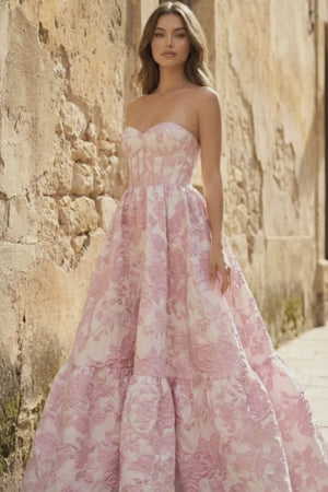A-Line Sweetheart Floral Printed Long Prom Dresses