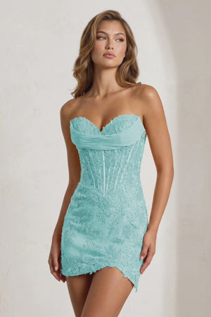 Aqua Sweetheart Sheath Embroidered Appliqued Corset Homecoming Dress - KissProm