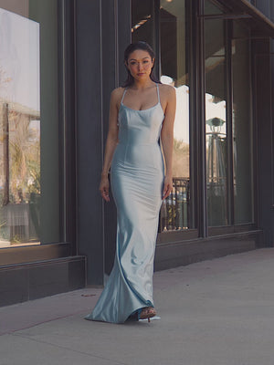 KissProm video of sky blue spaghetti straps mermaid sweep train prom dress, showing fit, movement and design details
