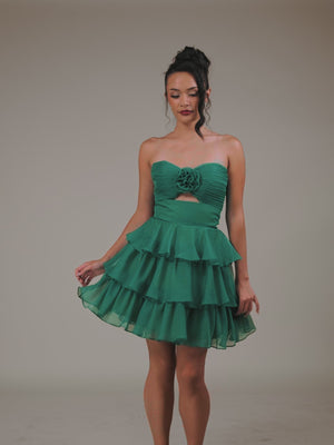 KissProm video of green sweetheart a-line mini dress for homecoming, showing fit, movement and design details