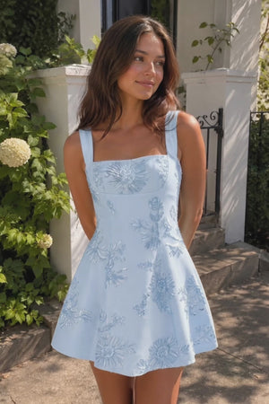 Sky Blue Square Neck Embroidered Flower Tulle A-Line Homecoming Dress | KISSPROM