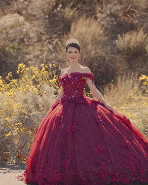 KissProm video of burgundy off-the-shoulder ball gown sweep train quinceanera dress, showing fit, movement and design details