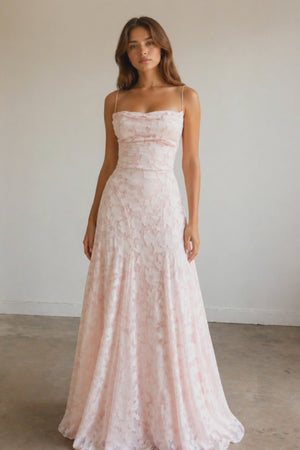 Pink A-Line Lace Floral Spaghetti Straps Long Prom Dresses