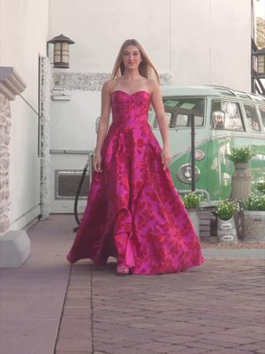 KissProm video of fuchsia sweetheart a-line sweep train prom dress, showing fit, movement and design details