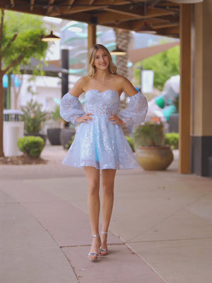 KissProm video of sky blue sweetheart A-line short dress for homecoming, showing fit, movement and design details