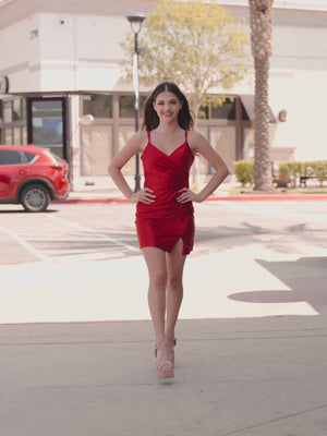 KissProm video of red  deep V-neck sheath mini dress for homecoming, showing fit, movement and design details