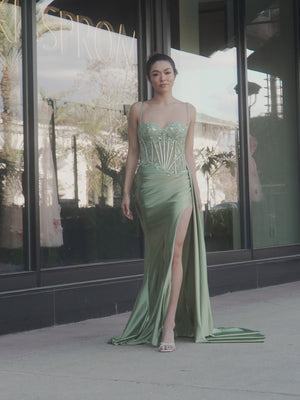 KissProm video of sage green spaghetti straps mermaid sweep train prom dress, showing fit, movement and design details