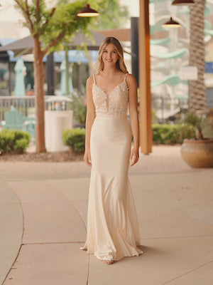 KissProm video of champagne V Neckline mermaid floor-length with sweep train dress for prom, showing fit, movement and design details
