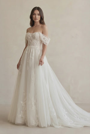KissProm video of ivory off-the-shoulder a-line court train wedding dress, showing fit, movement and design details