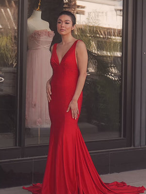 KissProm video of red deep V-neck mermaid floor-length dress for prom, showing fit, movement and design details