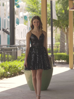 KissProm video of black V-neck A-line short dress for homecoming, showing fit, movement and design details