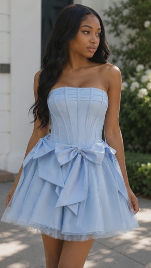 Pink Strapless Tulle A-Line Short Corset Homecoming Dress with Bow