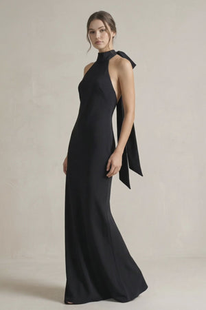 KissProm video of black halter sheath maxi bridesmaid dress , showing fit, movement and design details