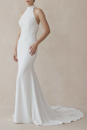 Halter Mermaid Satin Wedding Dress With Beading in White - KissProm Wedding Dresses