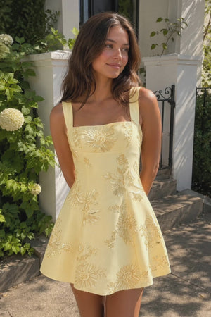 Yellow Square Neck Embroidered Flower Tulle A-Line Homecoming Dress | KISSPROM
