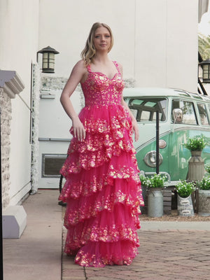 KissProm video of fuchsia off-the-shoulder straps A-line sweep train prom dress, showing fit, movement and design details