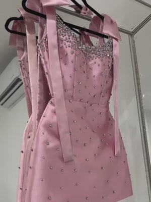 Pink Square Neck Satin Short Strapless Homecoming Dress With Bows