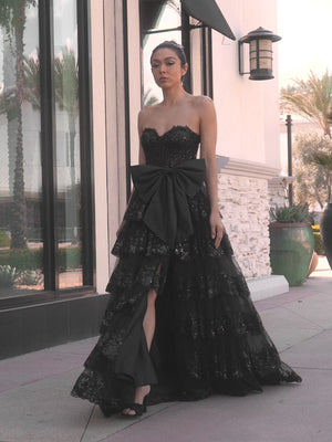 KissProm video of black sweetheart a-line maxi prom dress, showing fit, movement and design details