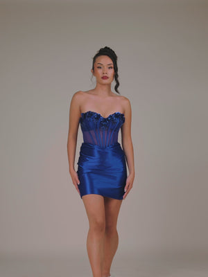 KissProm video of royal blue sweetheart  bodycon short dress for homecoming, showing fit, movement and design details