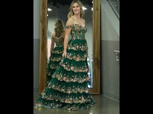 KissProm-Capri Green A-Line Lace Off-The-Shoulder Tiered Long Prom Dress With Slit