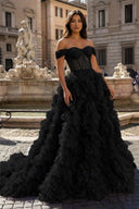 Black A Line Off the Shoulder Ruffled Tulle Prom Dress with Slit – Prom Dress by KissProm | Available at KissProm