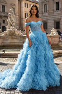 Blue A Line Off the Shoulder Ruffled Tulle Prom Dress with Slit – Prom Dress by KissProm | Available at KissProm