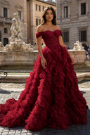 Burgundy A Line Off the Shoulder Ruffled Tulle Prom Dress with Slit – Prom Dress by KissProm | Available at KissProm