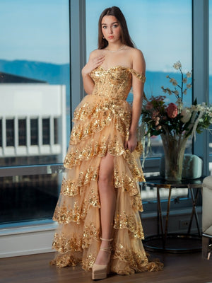 KissProm-Capri Gold A-Line Lace Off-The-Shoulder Tiered Long Prom Dress With Slit