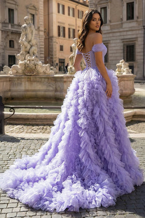 KissProm-Lavender A Line Off the Shoulder Ruffled Tulle Prom Dress with Slit