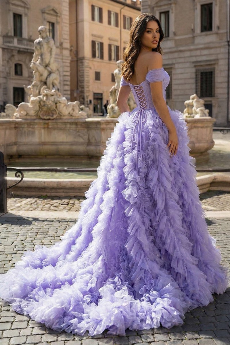 A Line Off the Shoulder Ruffled Tulle Prom Dress with Slit – Prom Dress by KissProm | Available at KissProm