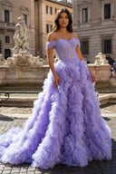 Lavender A Line Off the Shoulder Ruffled Tulle Prom Dress with Slit – Prom Dress by KissProm | Available at KissProm