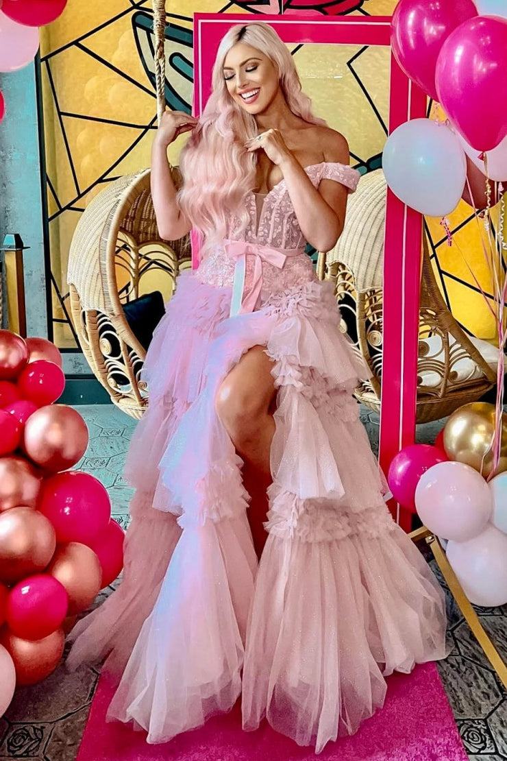 Princess A Line High Low Strapless Pink Long Prom/Evening Dress Ruffles Y76