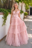 Princess A Line Off the Shoulder Light Pink Long Prom Dress with Ruffles