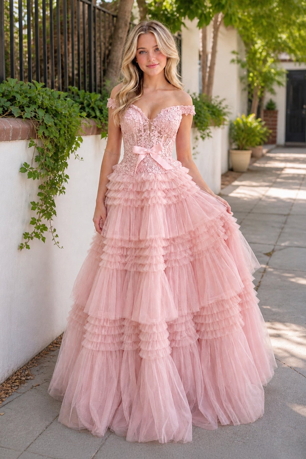 KissProm Princess A Line Off the Shoulder Light Pink Long Prom Dress with Ruffles, Pink / 8
