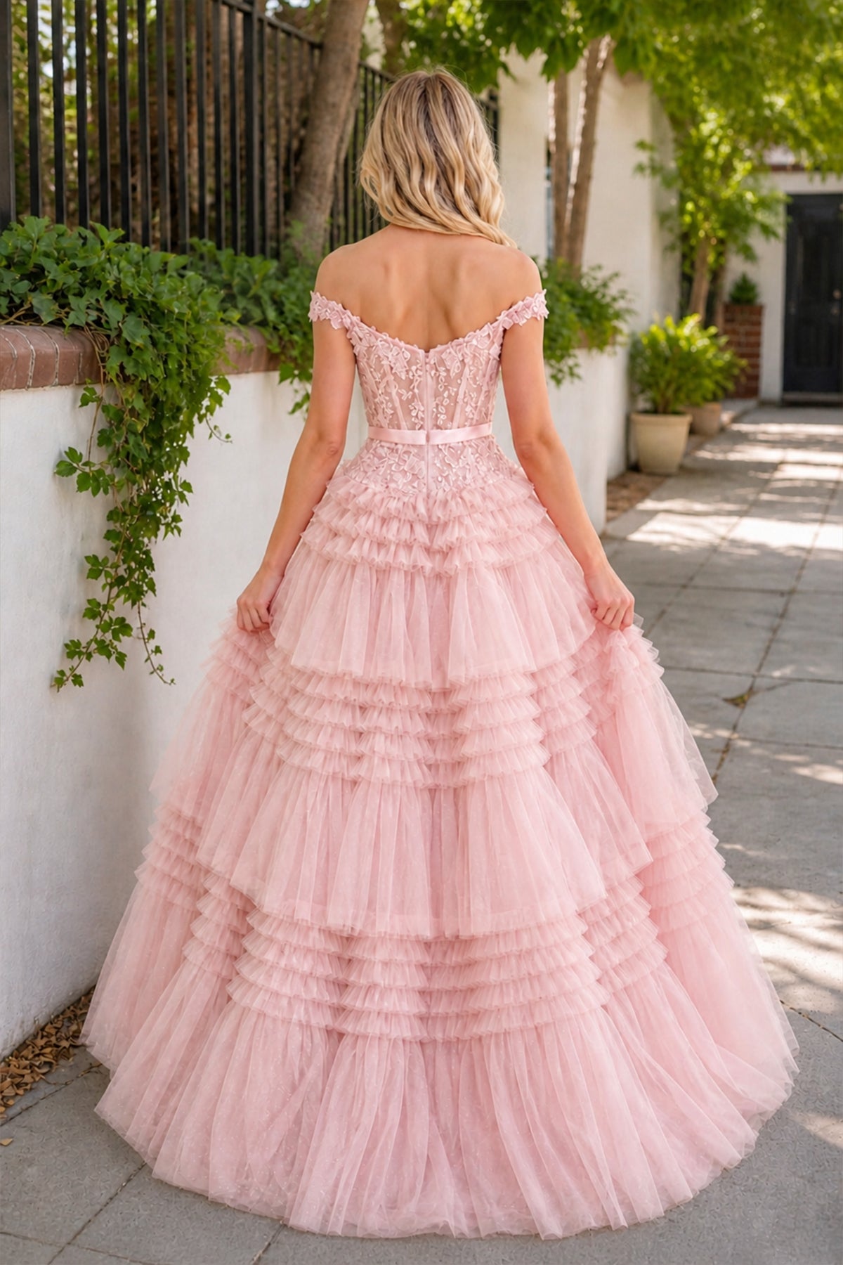 Princess A Line Off the Shoulder Light Pink Long Prom Dress with Ruffl