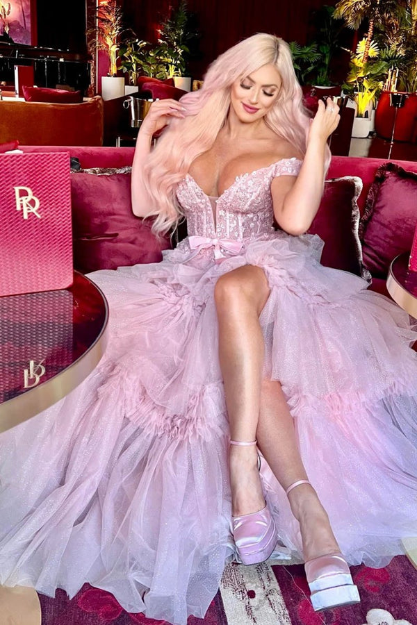 Princess A Line Off the Shoulder Light Pink Long Prom Dress with Ruffles