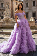 Lilac A Line Off the Shoulder Ruffled Tulle Prom Dress with Slit – Prom Dress by KissProm | Available at KissProm
