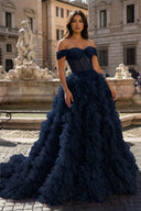 Navy Blue A Line Off the Shoulder Ruffled Tulle Prom Dress with Slit – Prom Dress by KissProm | Available at KissProm