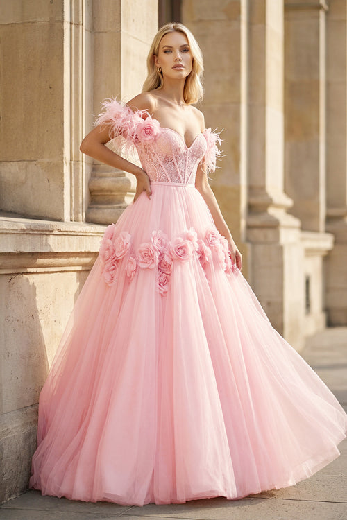 KissProm- Pink Princess A-Line Off The Shoulder Lace Tulle Prom Dress