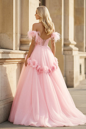 KissProm- Pink Princess A-Line Off The Shoulder Lace Tulle Prom Dress