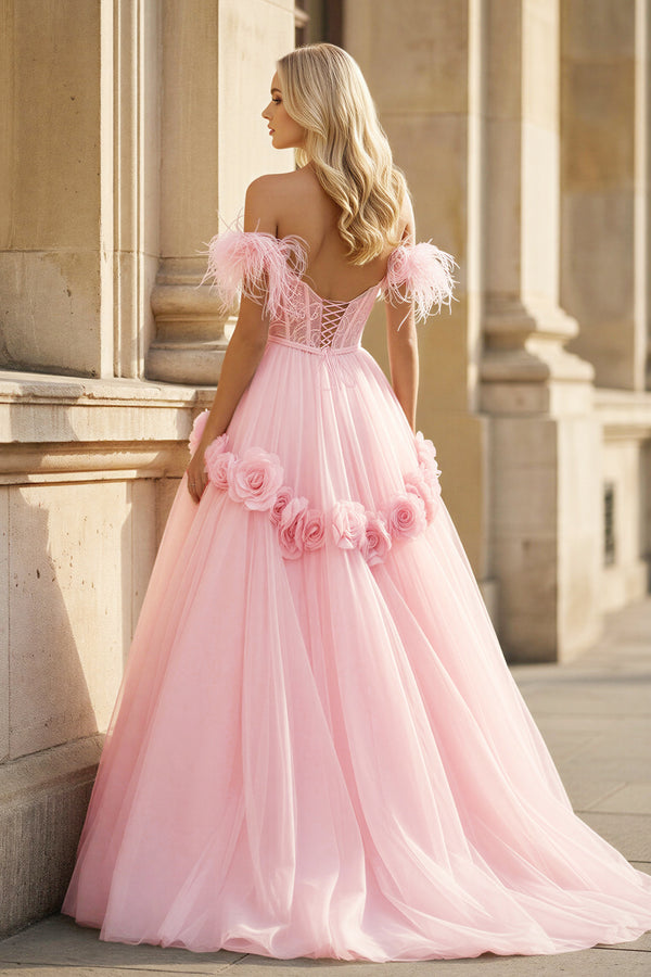 KissProm- Pink Princess A-Line Off The Shoulder Lace Tulle Prom Dress