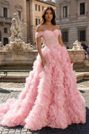 Pink A Line Off the Shoulder Ruffled Tulle Prom Dress with Slit – Prom Dress by KissProm | Available at KissProm