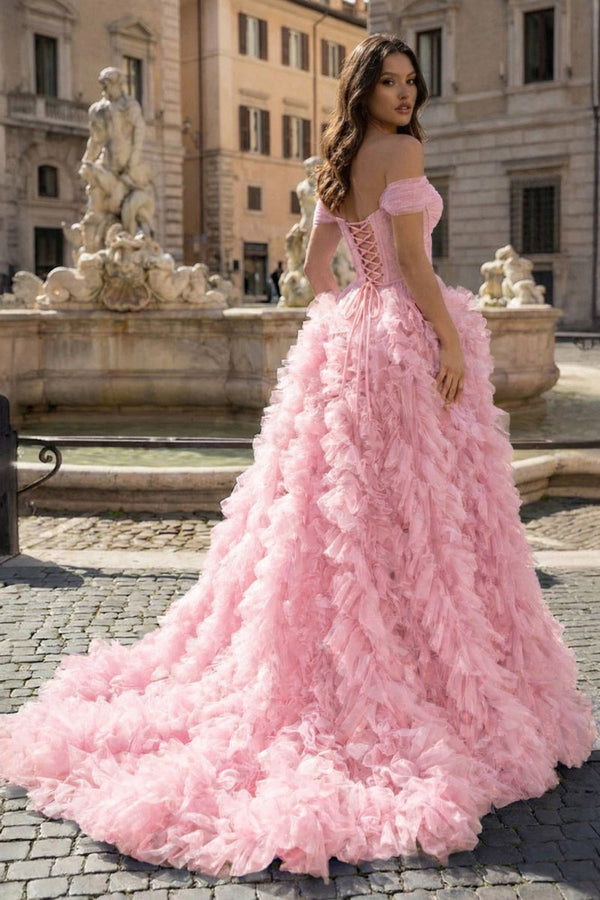 A Line Off the Shoulder Ruffled Tulle Prom Dress with Slit - KissProm
