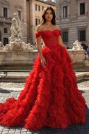Red A Line Off the Shoulder Ruffled Tulle Prom Dress with Slit – Prom Dress by KissProm | Available at KissProm