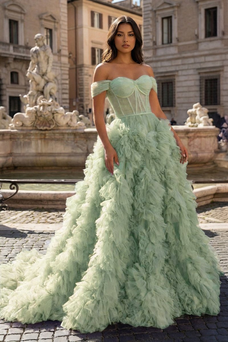 Sage Green A Line Off the Shoulder Ruffled Tulle Prom Dress with Slit – Prom Dress by KissProm | Available at KissProm