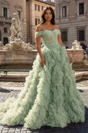 Sage Green A Line Off the Shoulder Ruffled Tulle Prom Dress with Slit – Prom Dress by KissProm | Available at KissProm