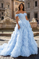 Sky Blue A Line Off the Shoulder Ruffled Tulle Prom Dress with Slit – Prom Dress by KissProm | Available at KissProm