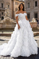 White A Line Off the Shoulder Ruffled Tulle Prom Dress with Slit – Prom Dress by KissProm | Available at KissProm